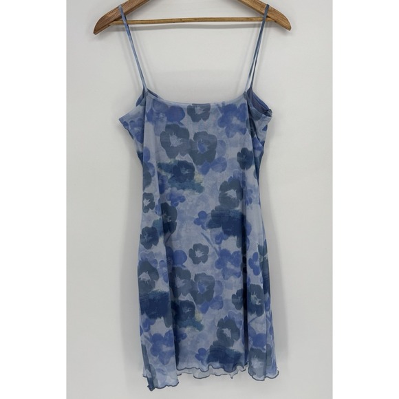 See You Monday Mini Dress Women's Size XL Blue Floral Spaghetti Strap Micro Mesh - Picture 7 of 9